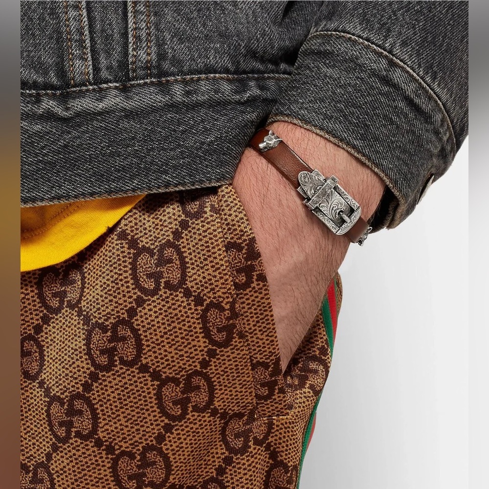 NIB Gucci Unisex Anger Forest Wolf Head Leather Bracelet in Brown - Picture 10 of 12